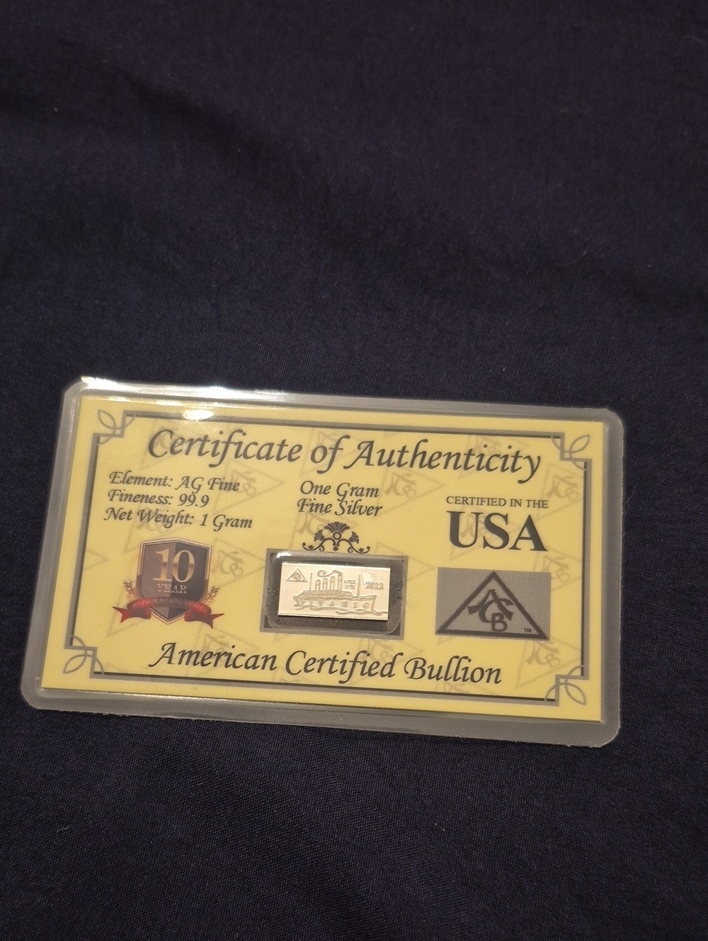 One Gram Silver Bar - 99.9 Fine SILVER Certificate of Authenticity TITANIC 2012